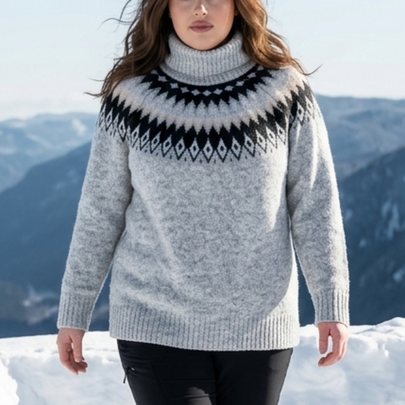 Aspen Sweaters - Aspen 1X Nordic Fair Isle Turtleneck Sweater Gray Black